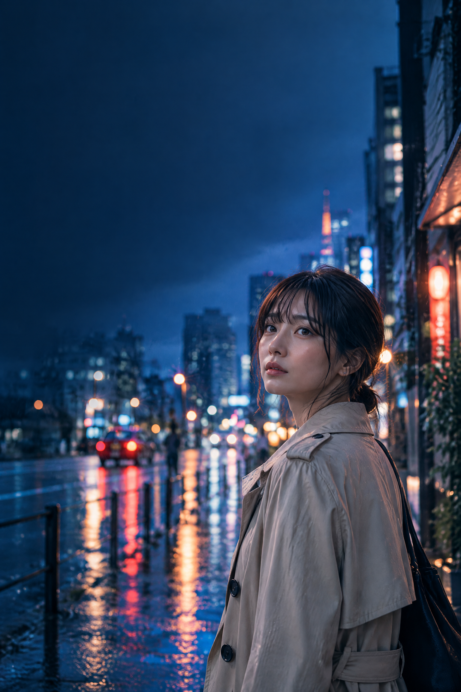 雨上がりの東京の街にたたずむ大人の女性を写した、紹介作品のイメージビジュアル